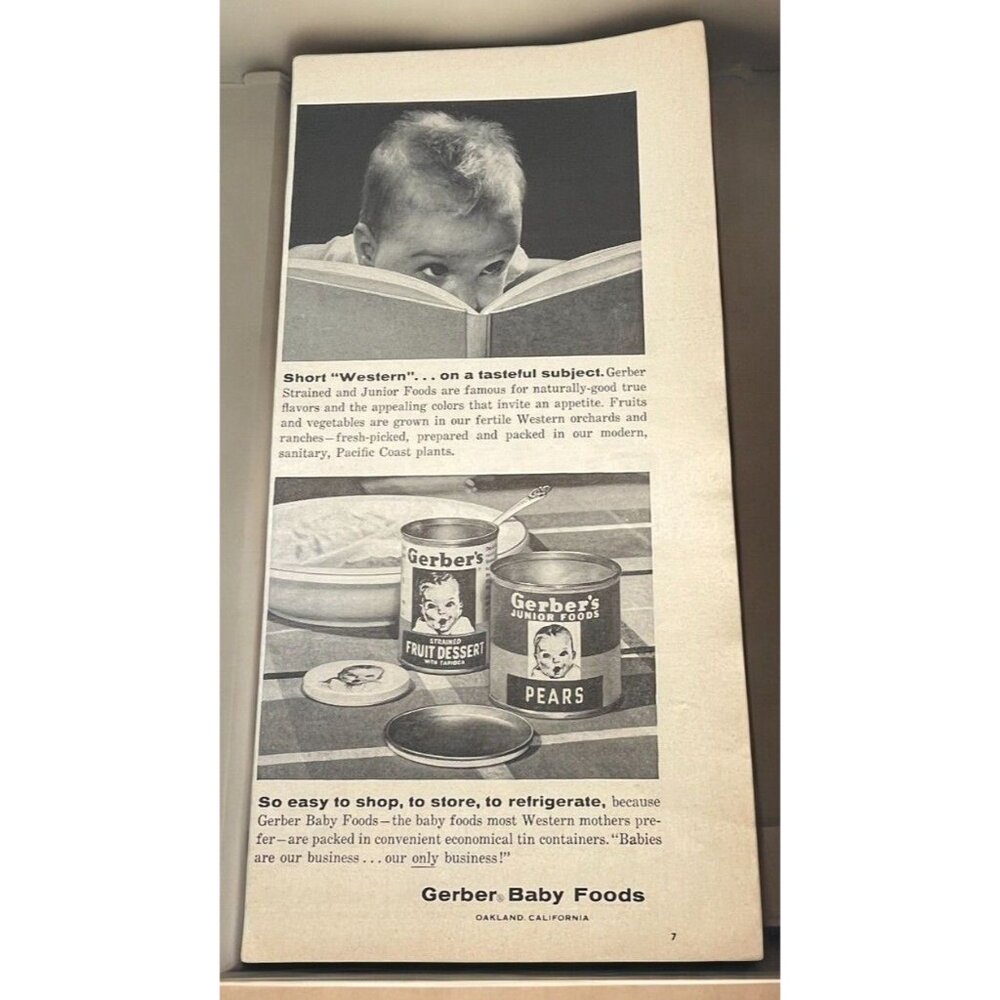 Gerber Baby Foods Vintage Print Ad 1950s Infant Reading Book Retro Kitchen